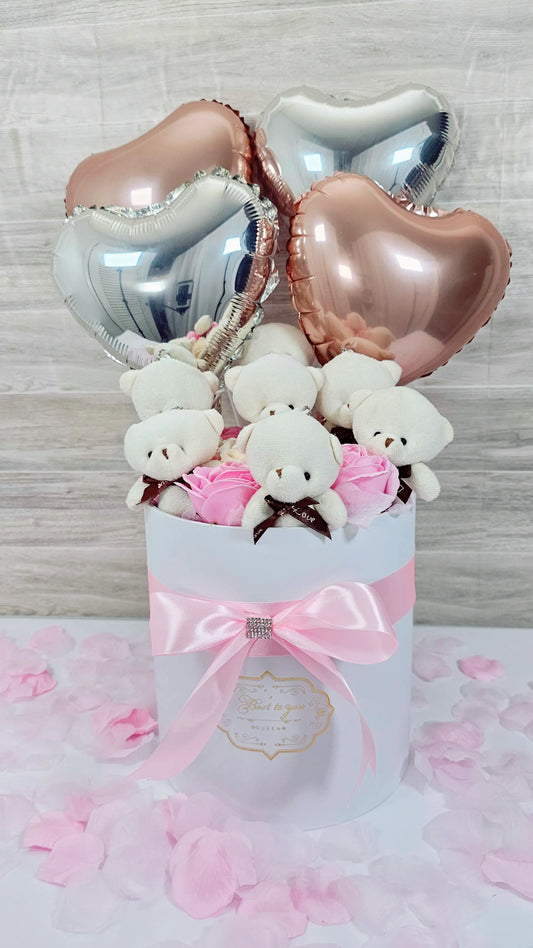 Teddy Bouquet Deluxe with Heart Balloons - Amor in a Box